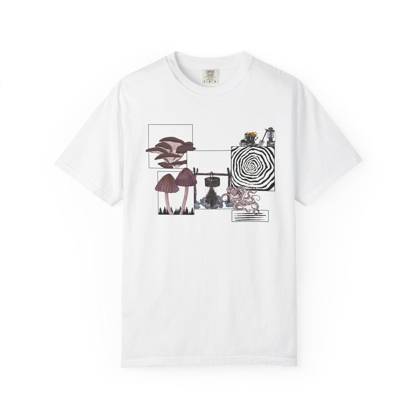 Goblincore tee with mushroom and lantern collage graphic on garment dyed Comfort Colors blank