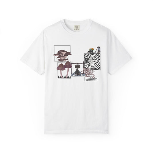 Goblincore tee with mushroom and lantern collage graphic on garment dyed Comfort Colors blank