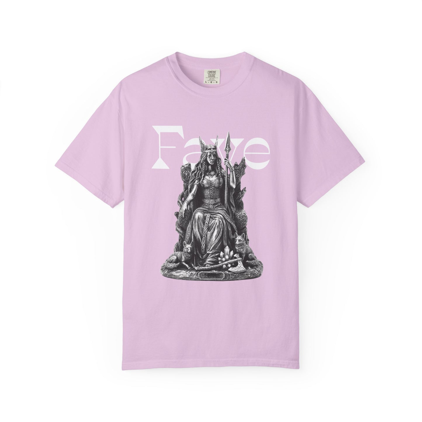 Goddess Freyja design close up of high contrast front print detail
