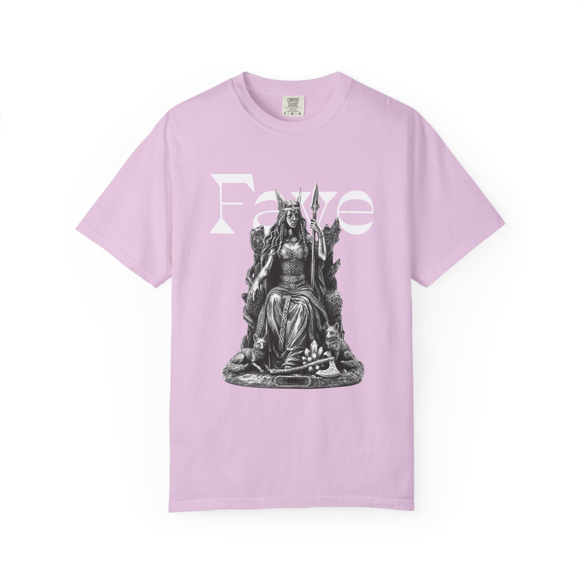 Goddess Freyja design close up of high contrast front print detail
