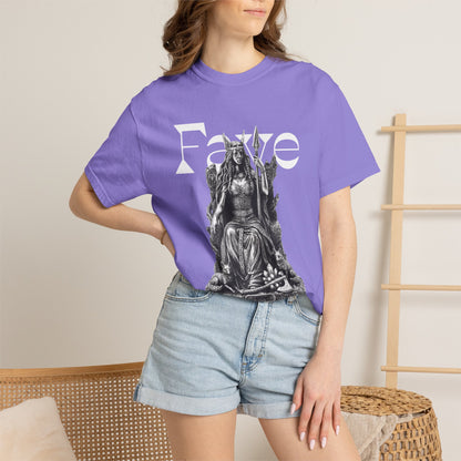 Goddess Freyja design tee shown in a neutral garment dyed color
