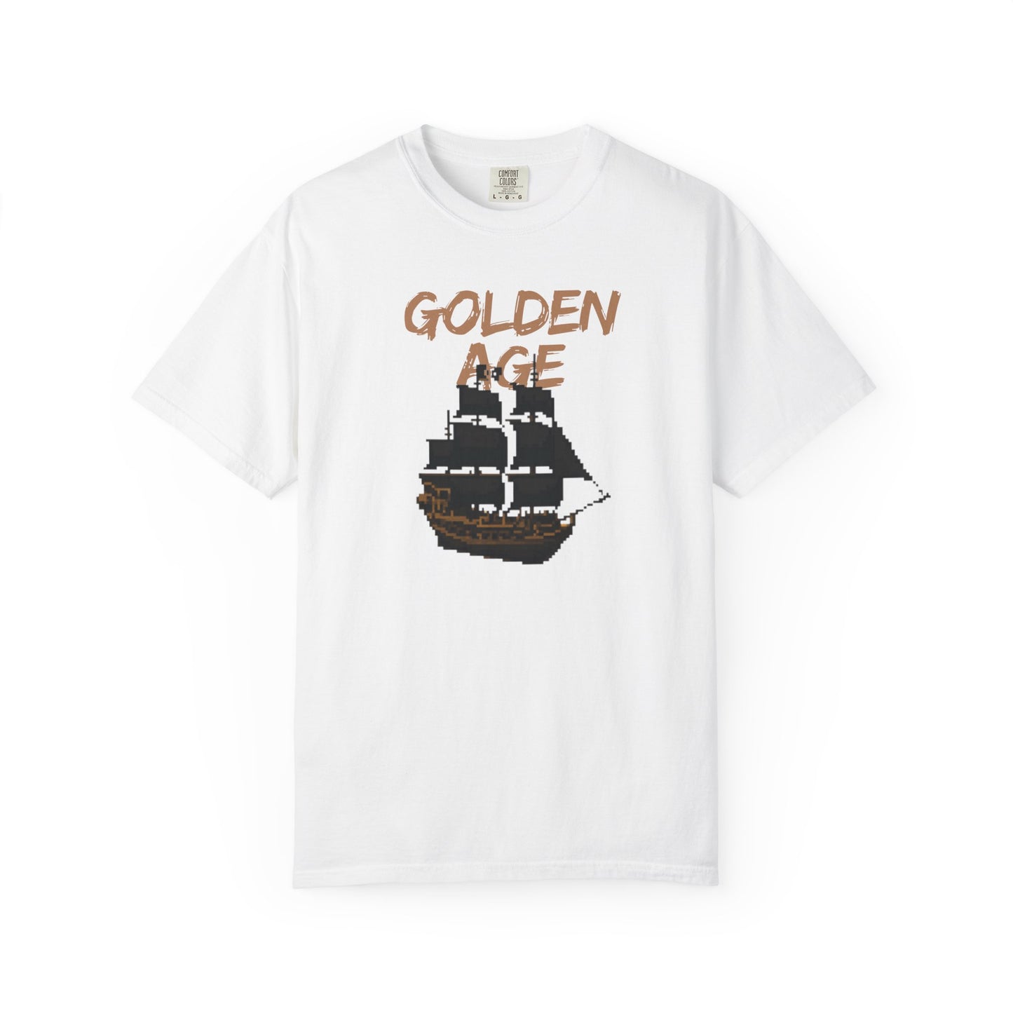 Golden Age retro pixel art pirate ship graphic tee in washed navy Comfort Colors 1717
