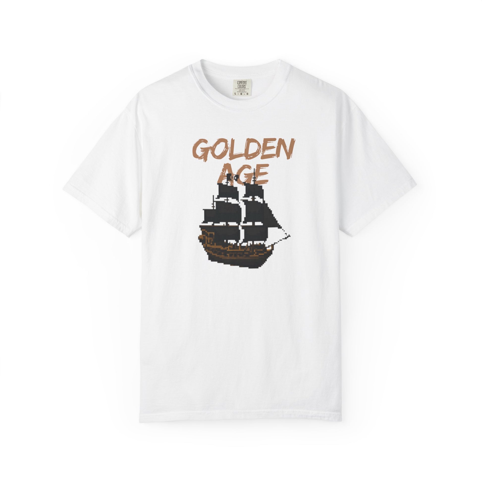 Golden Age retro pixel art pirate ship graphic tee in washed navy Comfort Colors 1717
