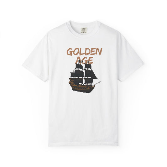 Golden Age retro pixel art pirate ship graphic tee in washed navy Comfort Colors 1717
