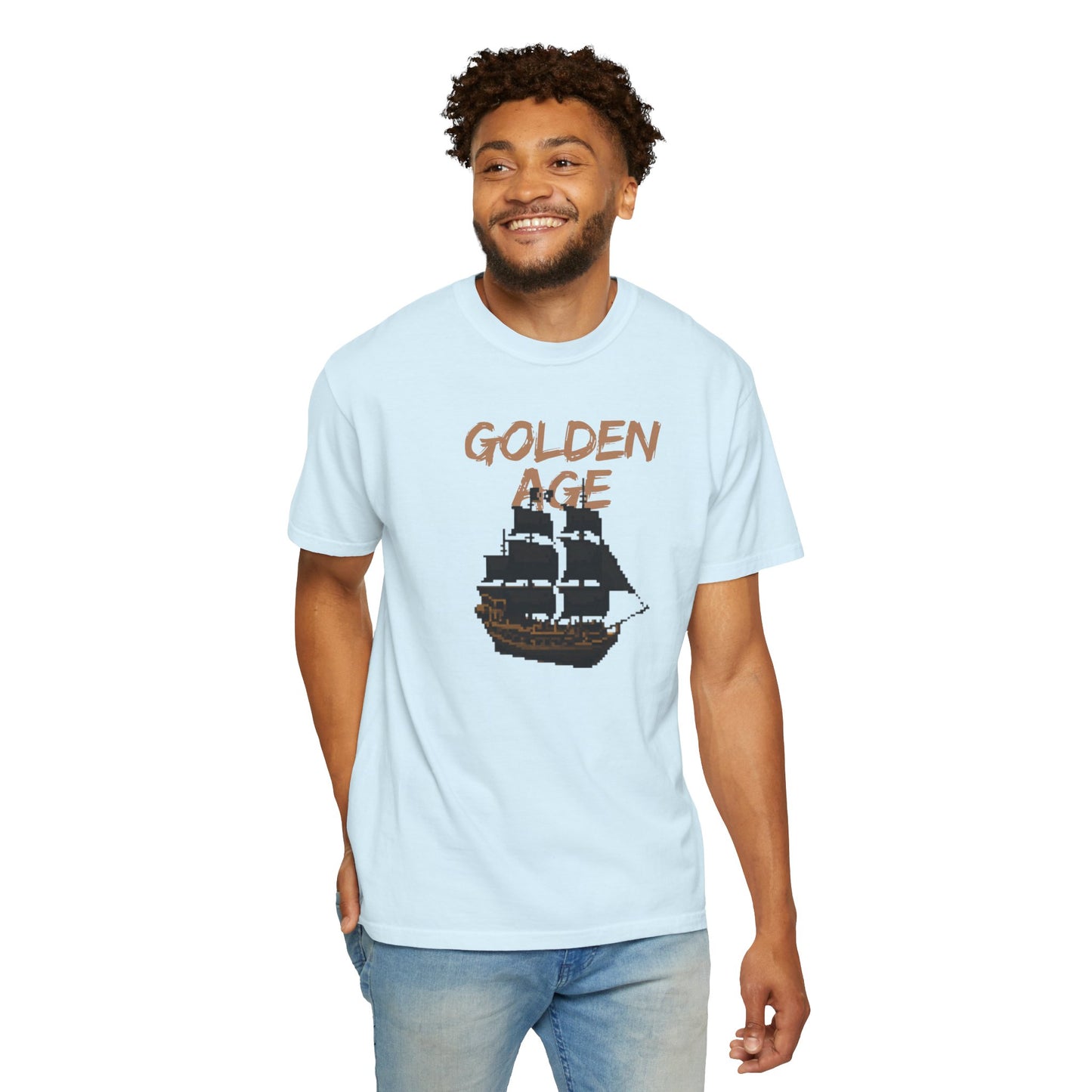 Golden age unisex graphic tee back view showing garment dyed texture
