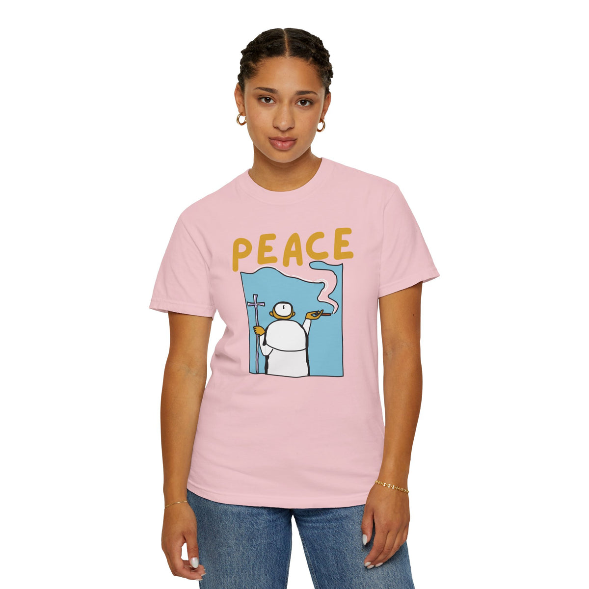 Good vibes clothing oversized relaxed fit peace tee styled with neutral joggers