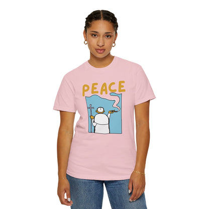 Good vibes clothing oversized relaxed fit peace tee styled with neutral joggers