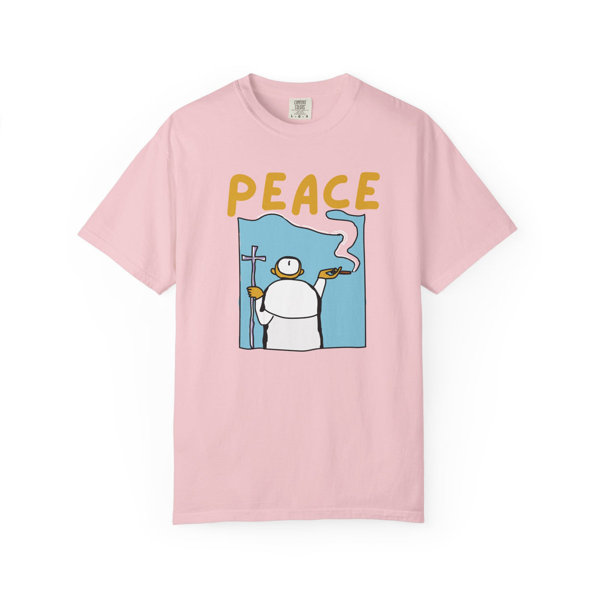 Good vibes clothing peace tee worn by person in natural light setting