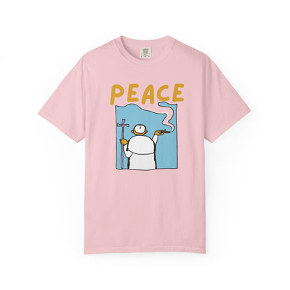 Good vibes clothing peace tee worn by person in natural light setting