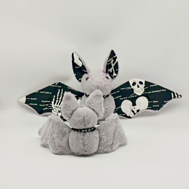 Goth bat plushie 25cm size front view on display shelf