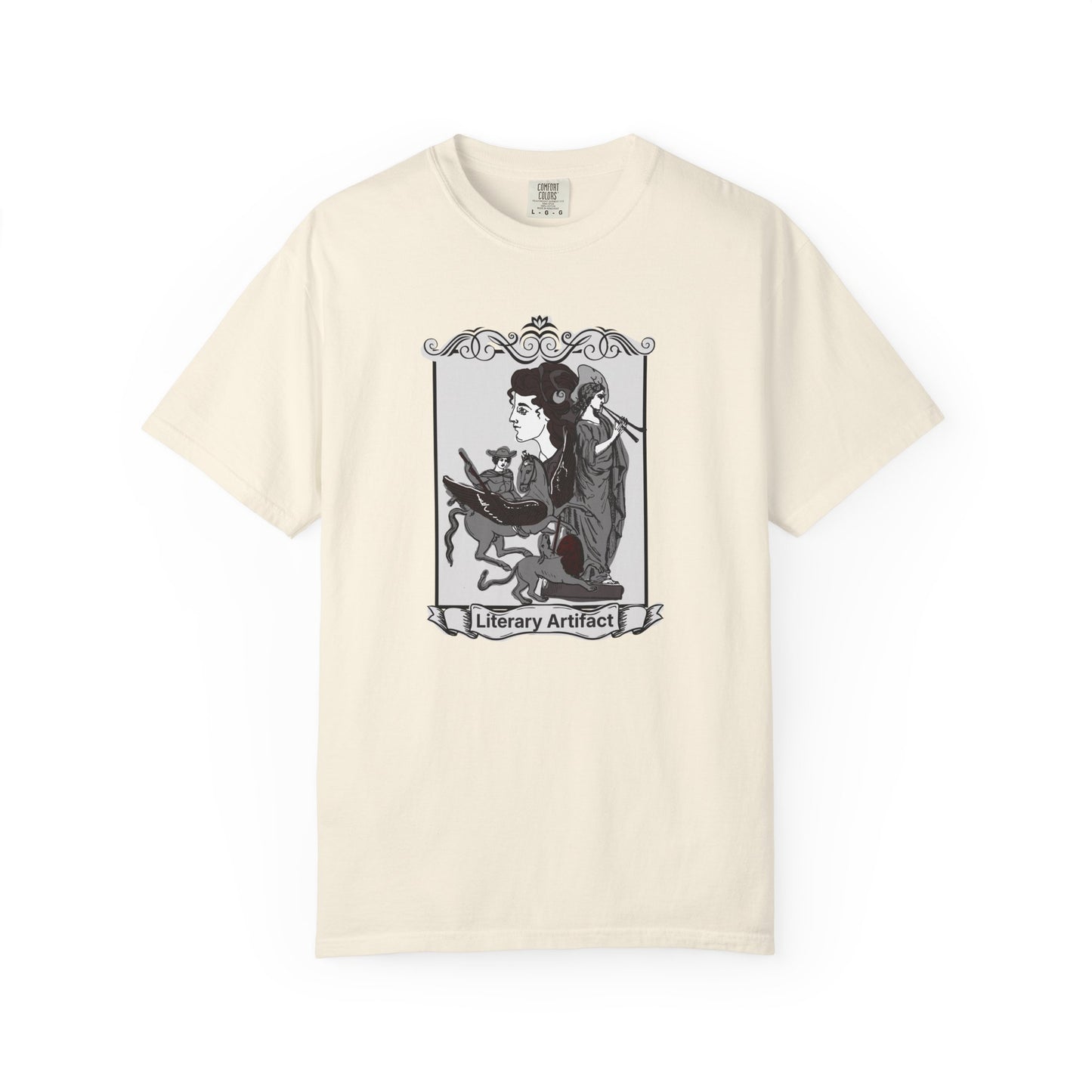 Gothic reader graphic tee with vintage style contemplative reader artwork surrounded by botanical flourishes