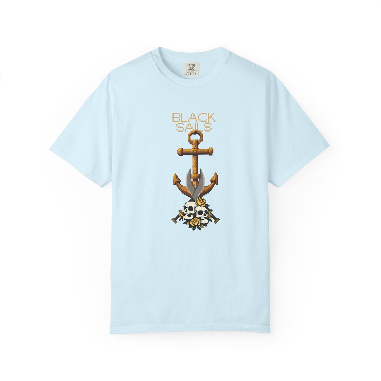 Gothic skull t-shirt featuring twin skulls and blooming yellow roses at anchor base
