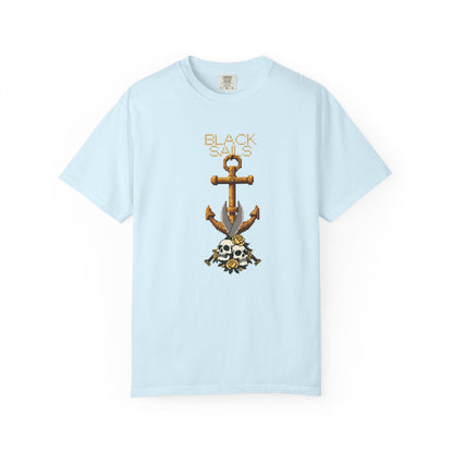 Gothic skull t-shirt featuring twin skulls and blooming yellow roses at anchor base
