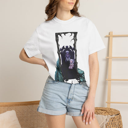 Gothic vampire shirt in dark colorway with moody portal illustration and relaxed fit silhouette

