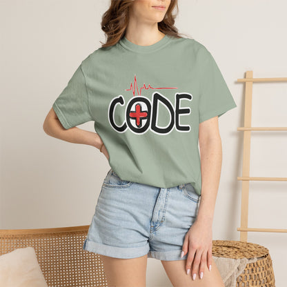 Graphic print showing ECG line transitioning into the word CODE