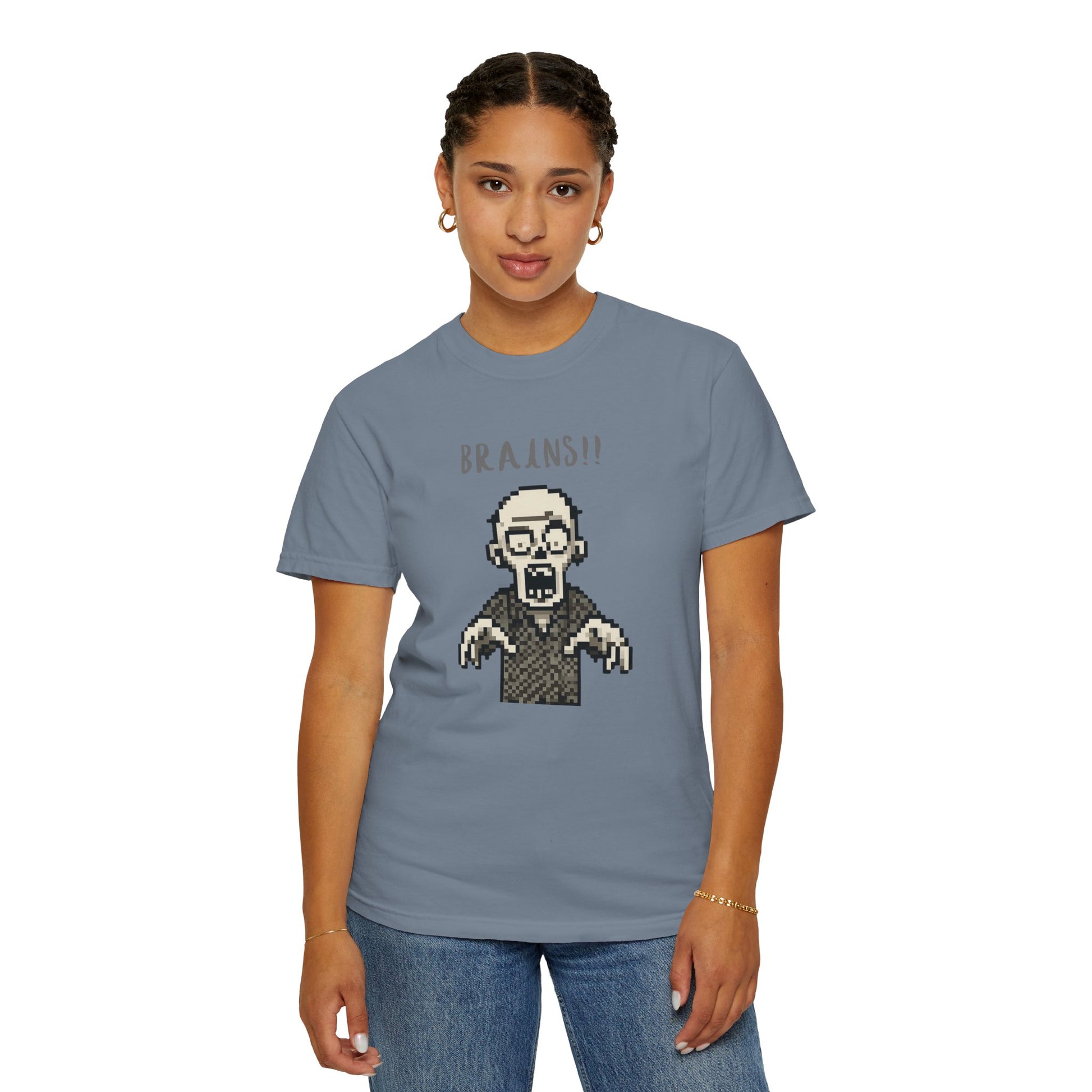Graphic t-shirt with pixel zombie design.