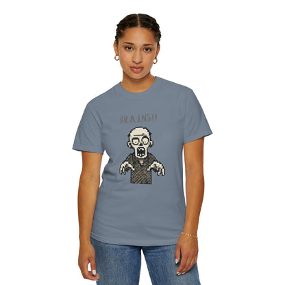 Graphic t-shirt with pixel zombie design.