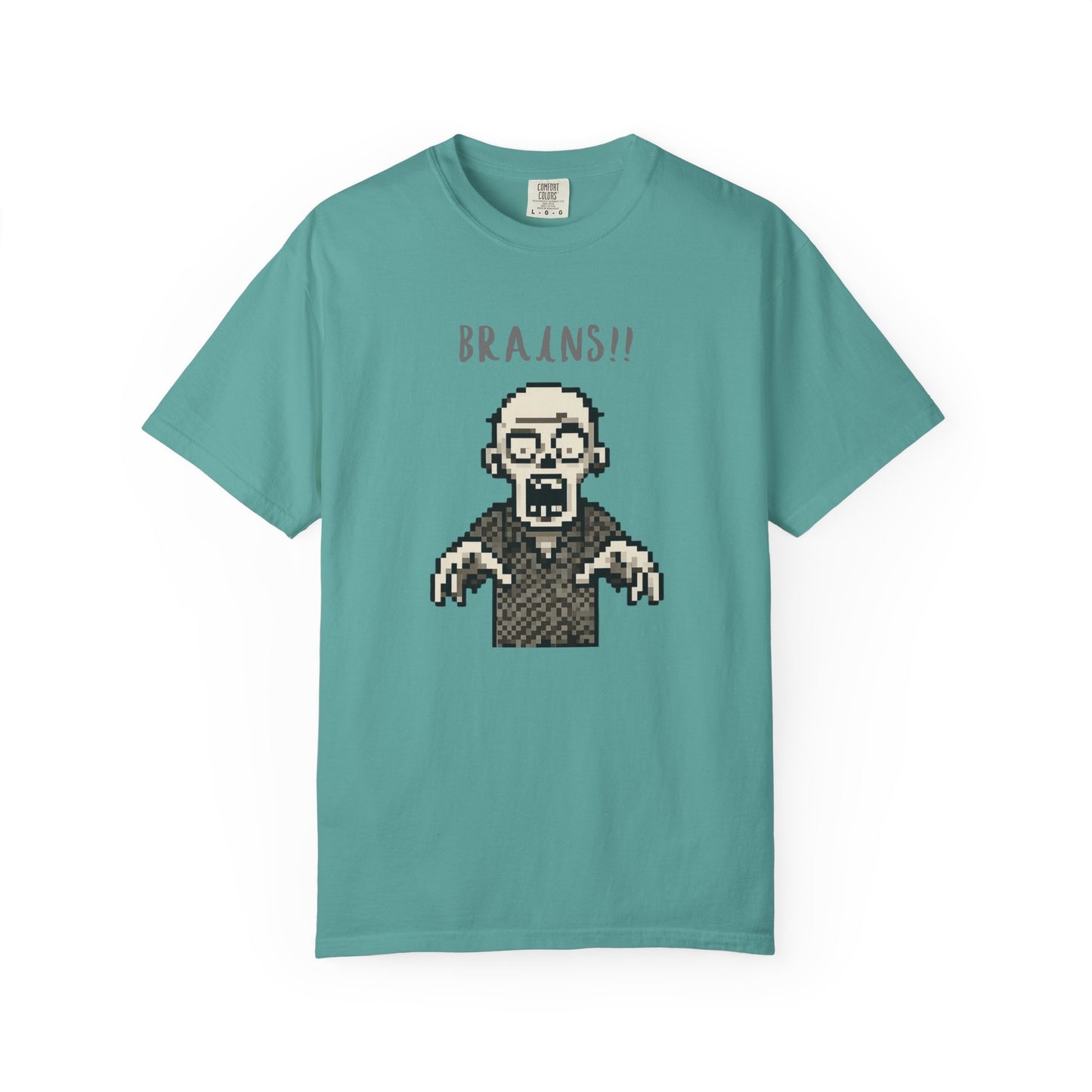 Graphic tee featuring an 8-bit pixelated zombie screaming BRAINS.