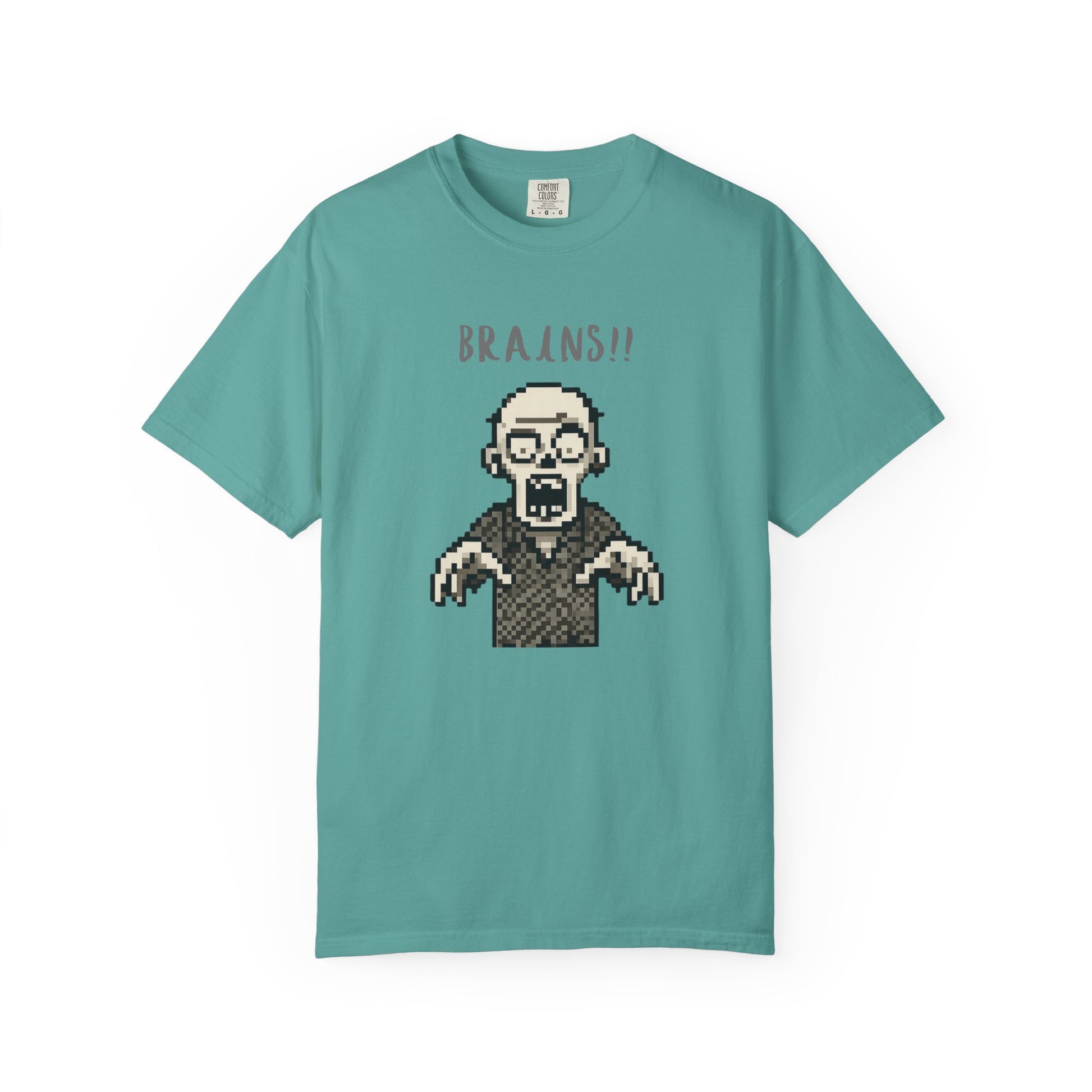 Graphic tee featuring an 8-bit pixelated zombie screaming BRAINS.