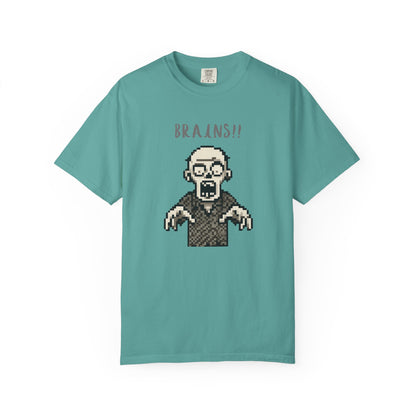 Graphic tee featuring an 8-bit pixelated zombie screaming BRAINS.