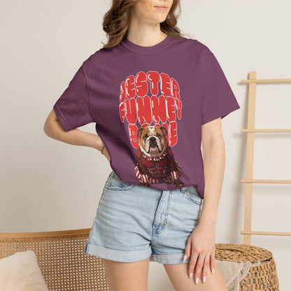 Graphic tee with retro jester bulldog art.