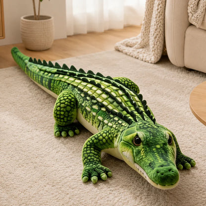 Gray crocodile sofa cushion, large novelty plush pillow on light-colored couch