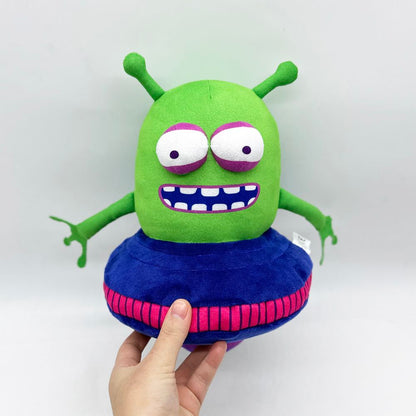 Green alien boss plush 28cm size comparison with hand for scale
