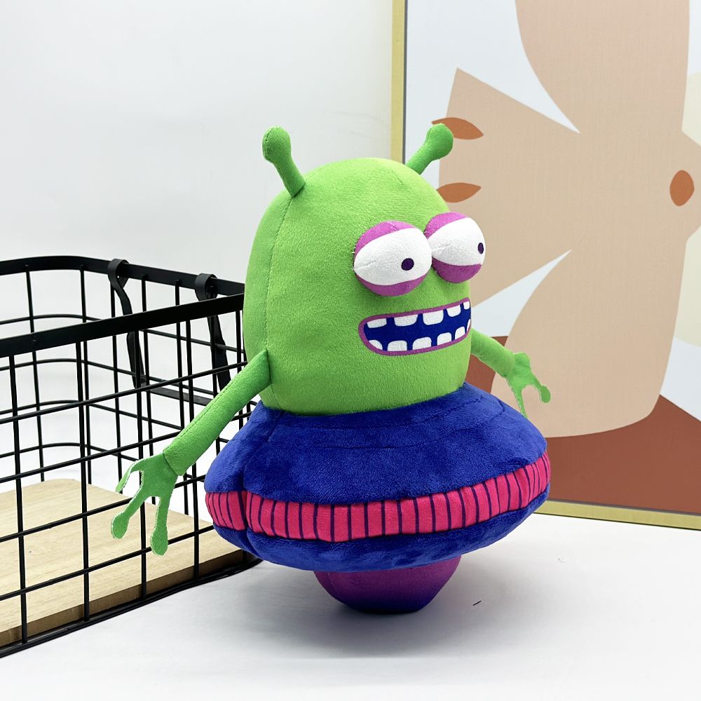 Green alien boss plush inspired by beloved platformer series side profile view