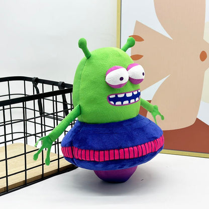 Green alien boss plush inspired by beloved platformer series side profile view