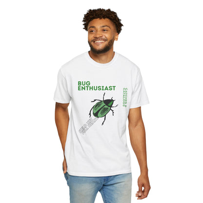 Green beetle graphic tee size chart showing S through 3XL measurements