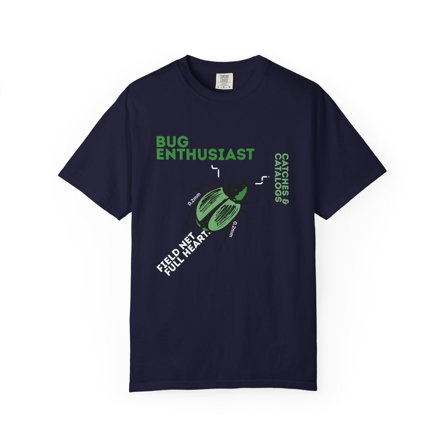 Green beetle illustration shirt front view on male model