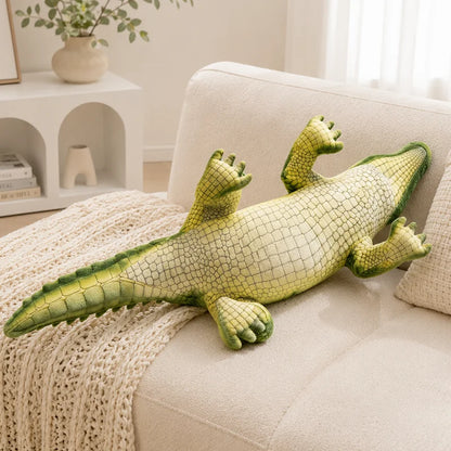 Green crocodile plush toy 65cm, compact jumbo animal plush on bedroom shelf display