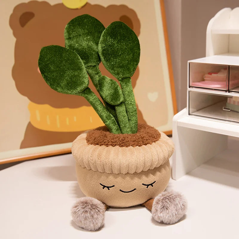 Green kawaii plush potted plant smiling face dangle legs stuffed decor kawaii gift 30cm