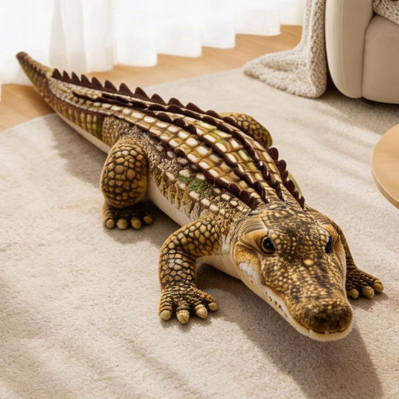 Green lifelike alligator stuffed animal 90cm, giant plush animal draped across living room couch