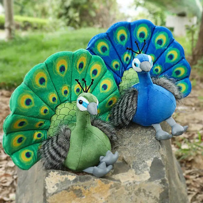 Green peacock plush standing with structured fan tail spread