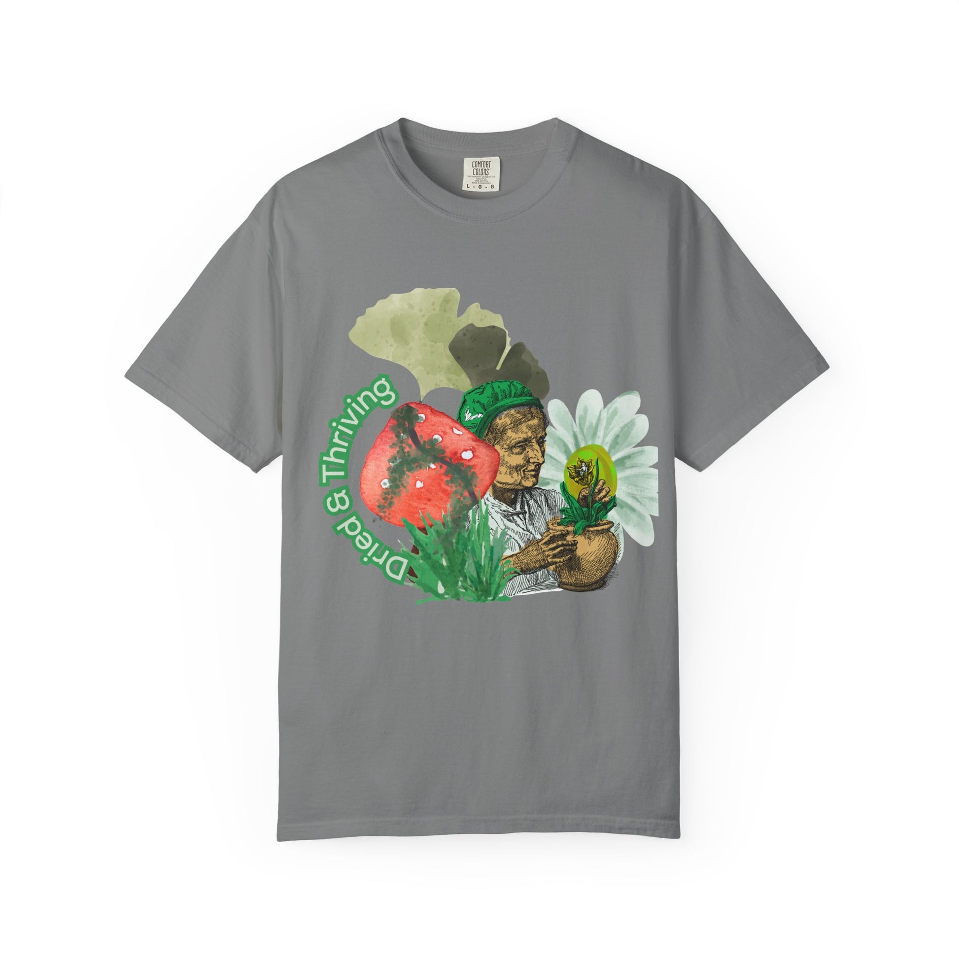 Green thumb graphic tee with vintage gardener illustration and floral botanical design