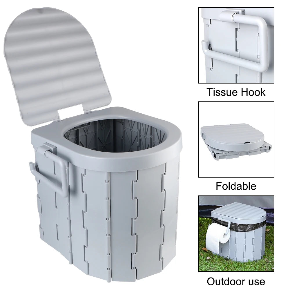 Grey portable toilet for camping with foldable design and storage bag