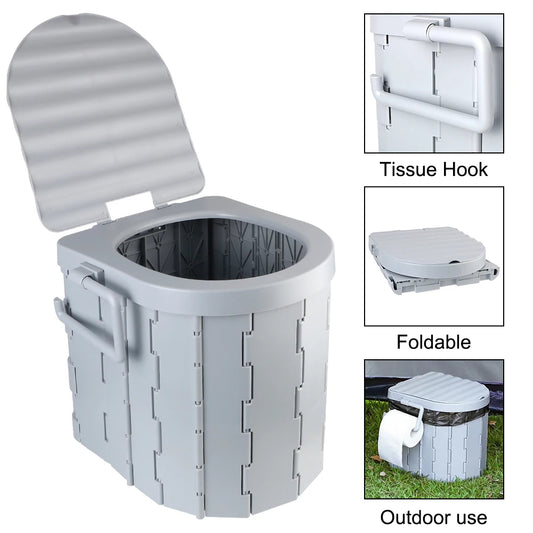 Grey portable toilet for camping with foldable design and storage bag