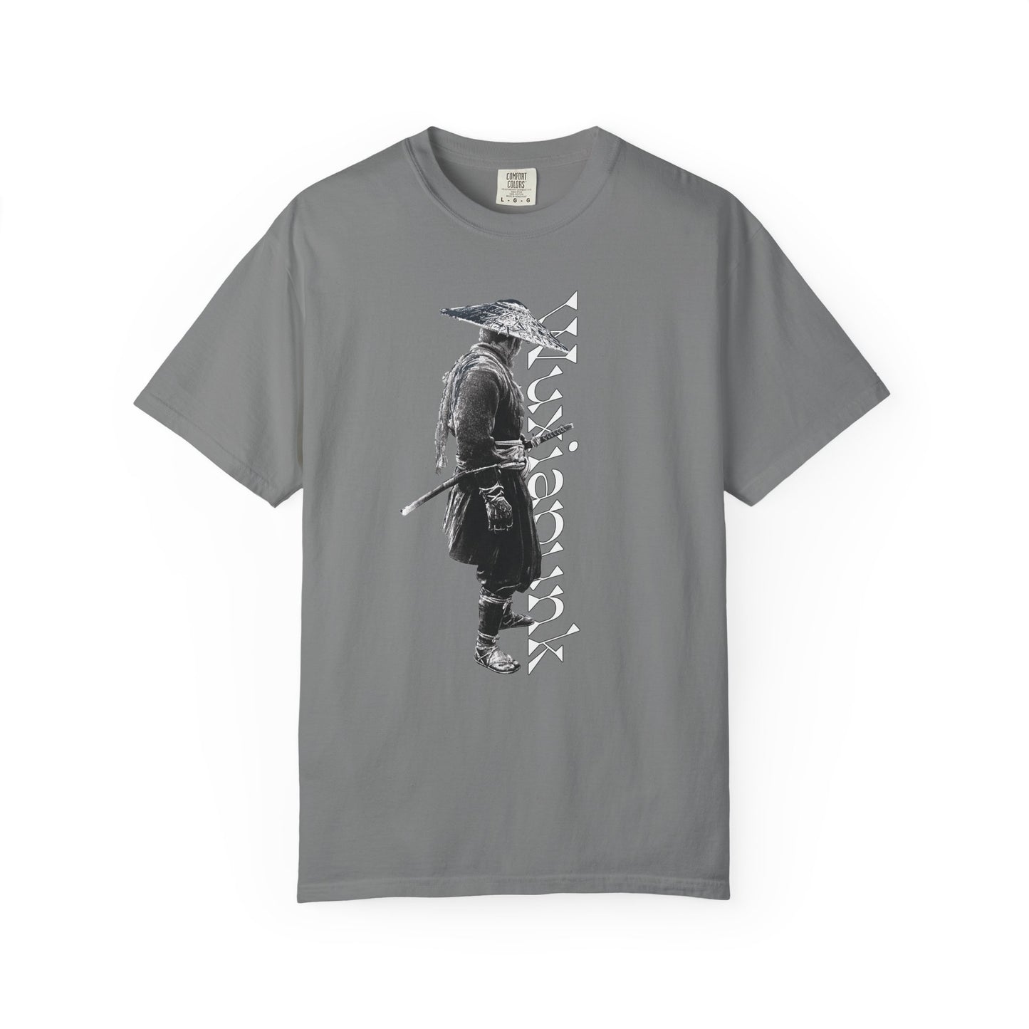 Grimdark anime shirt showing a cloaked martial artist mid stride
