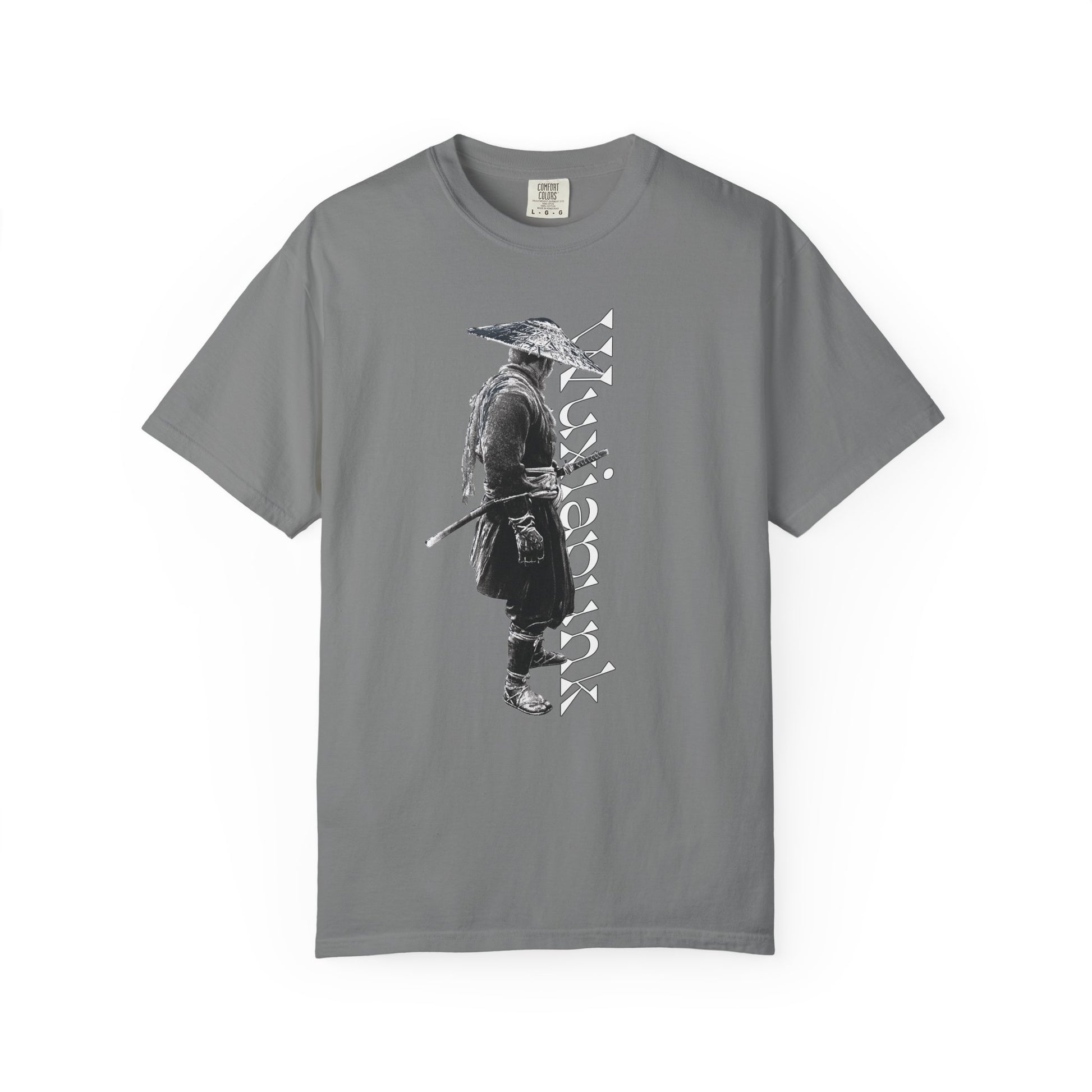 Grimdark anime shirt showing a cloaked martial artist mid stride
