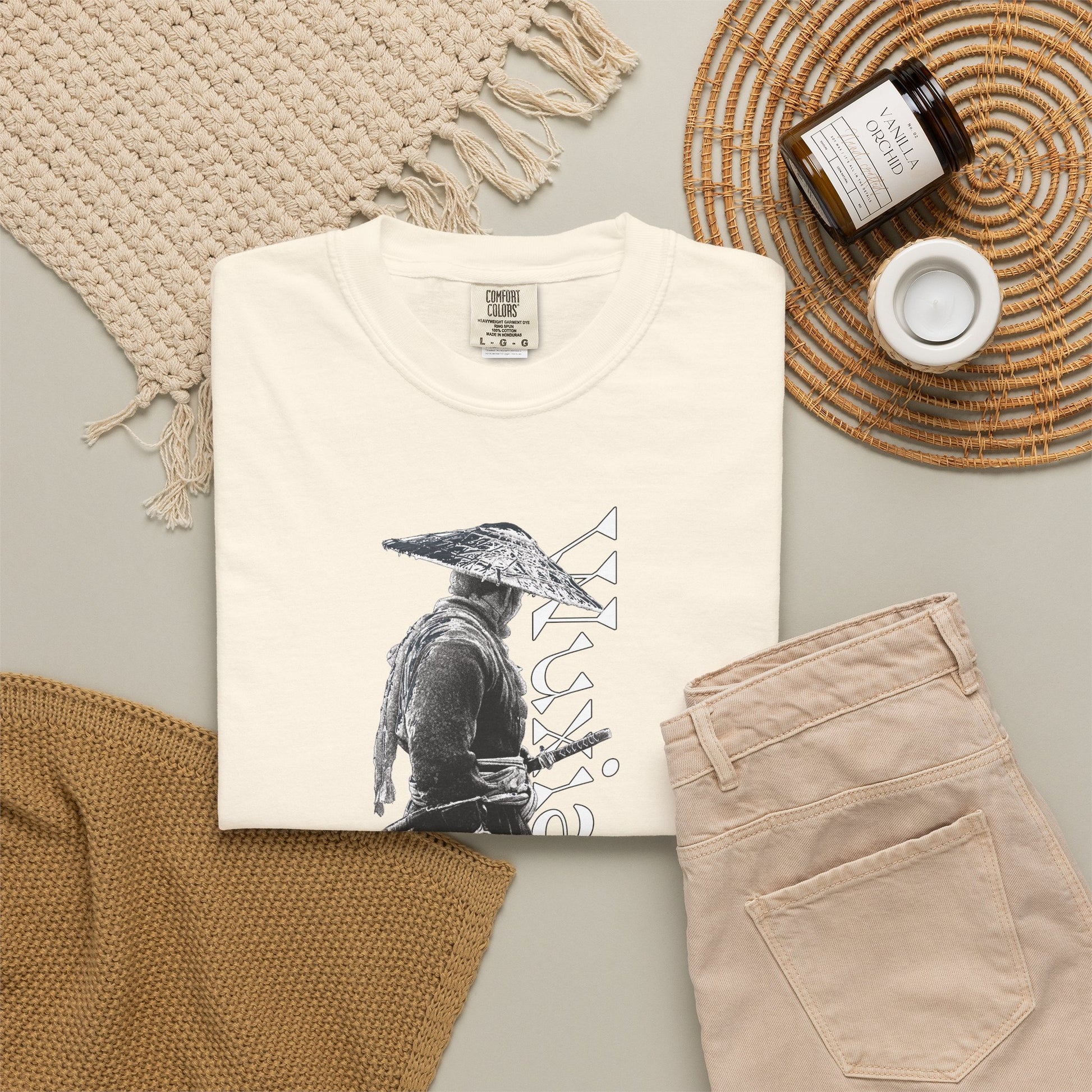 Grimdark straw hat swordsman graphic heavyweight garment dyed cotton tee relaxed fit