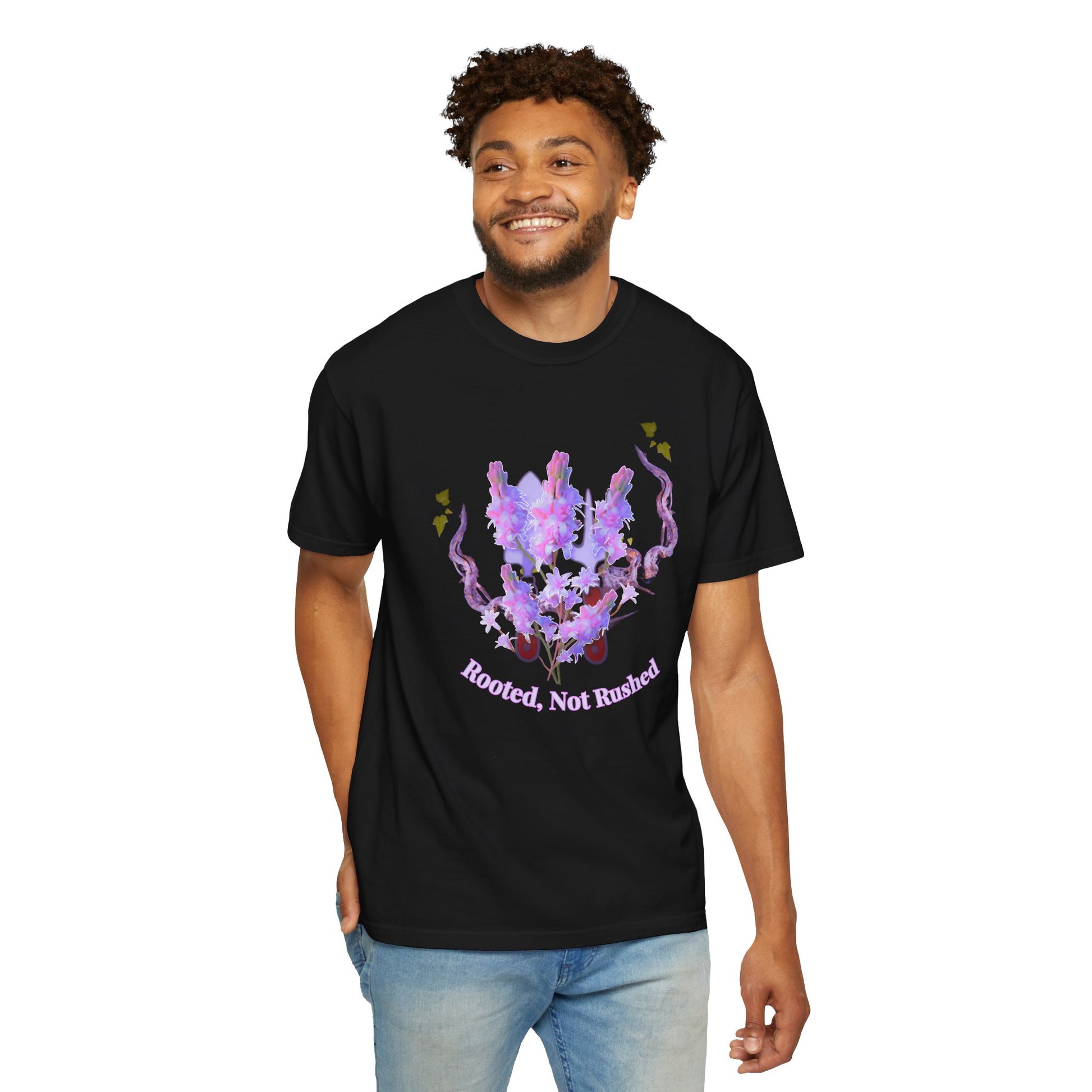 Grounded aesthetic tee flat lay with journal crystals and dried botanicals