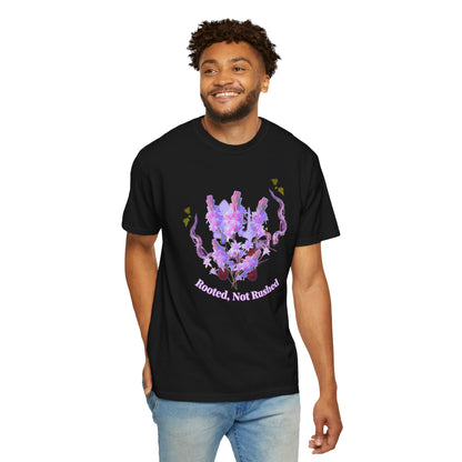Grounded aesthetic tee flat lay with journal crystals and dried botanicals