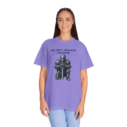 Group lifestyle photo of friends wearing rift walker tees at a gaming convention
