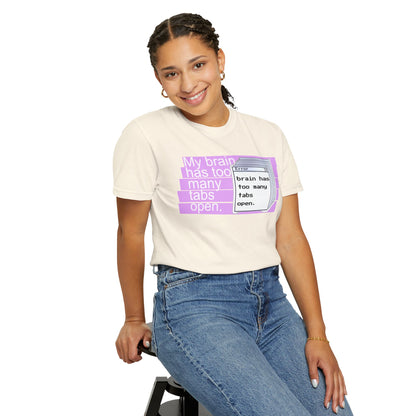 Group of friends wearing brain too many tabs open relatable tees in different colors