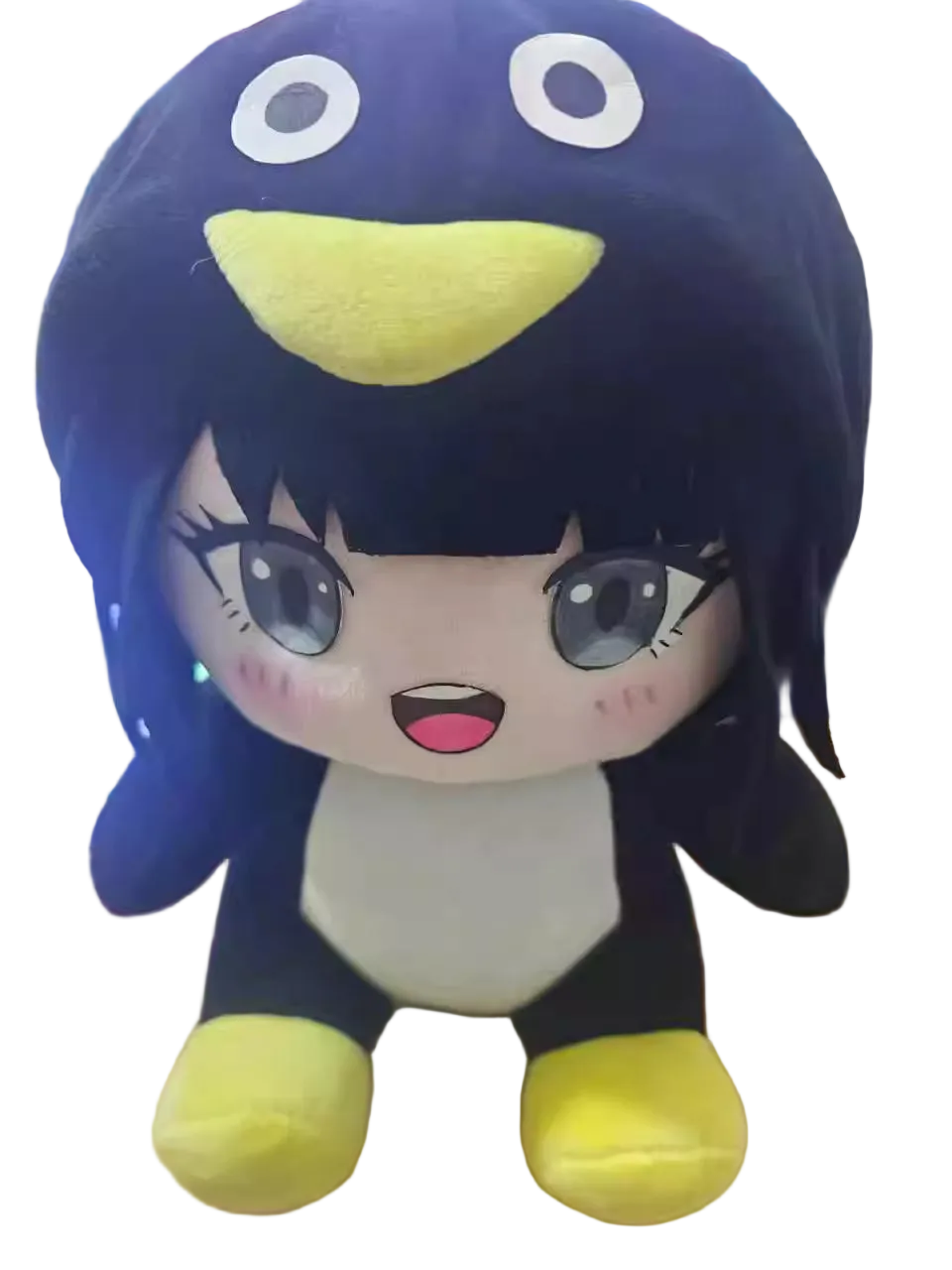 Gugugaga Endmin plush sitting on white background, black and white penguin design
