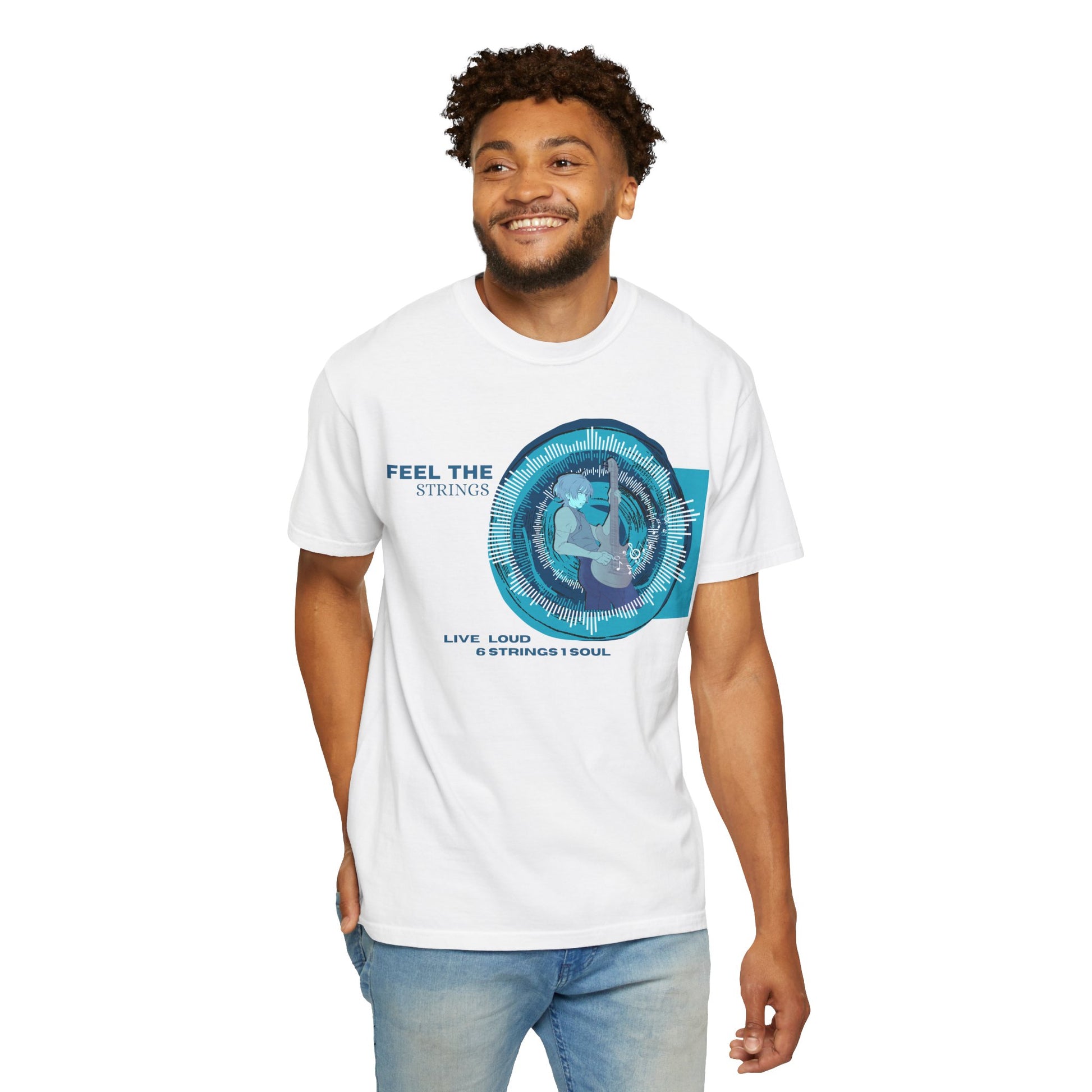 Guitar player clothing featuring Live Loud 6 Strings 1 Soul print front center view