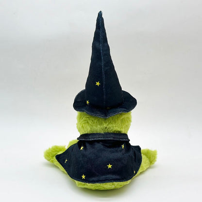 Halloween green frog wizard plush detail shot of star-print witch hat and flowing dark cape