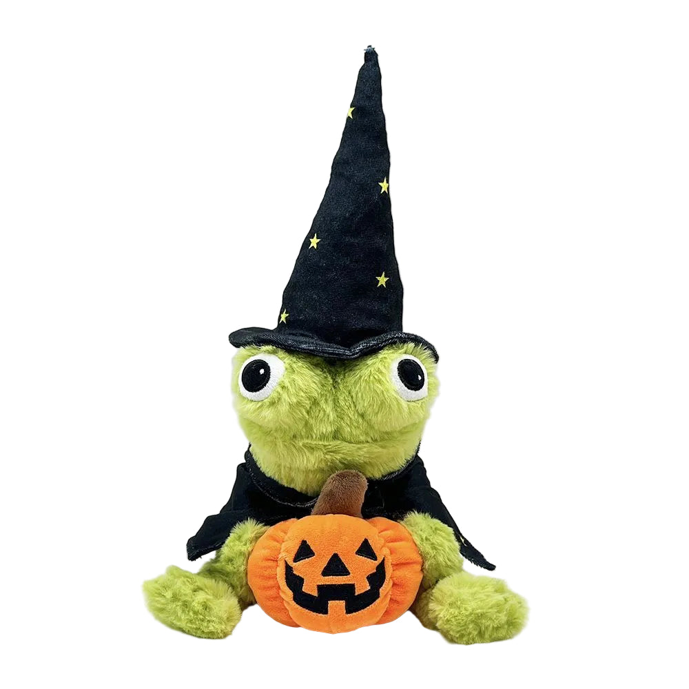 Halloween green frog wizard plush with star witch hat and dark cape holding orange pumpkin 33cm stuffed animal