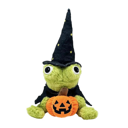 Halloween green frog wizard plush with star witch hat and dark cape holding orange pumpkin 33cm stuffed animal